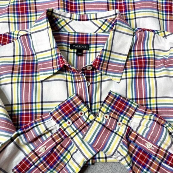 Talbots Classic Cotton Plaid Button Down Shirt Medium White Red Yellow Blue - Picture 8 of 11